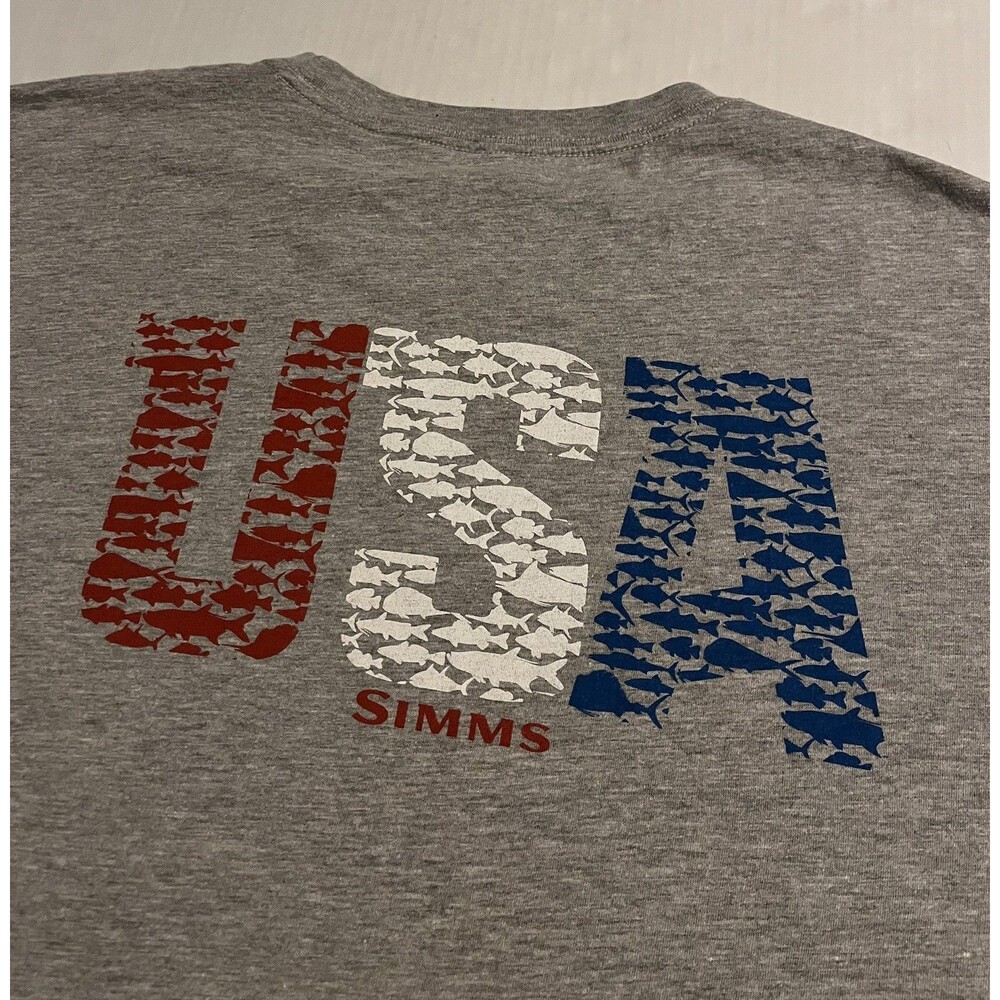Simms Fishing USA Flag Patriotic Gray T-Shirt 2XL Angler Waders Fish Outdoors